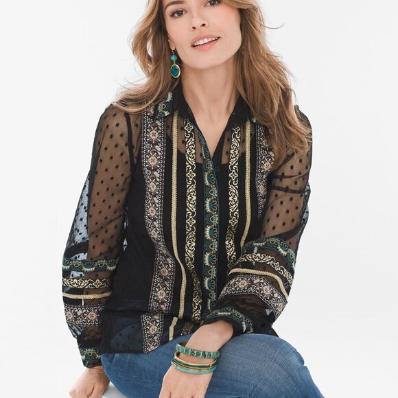 Chico’s Sheer Polka Dot Tulle Button Front Shirt Ribbon Trim Black  Sz OOp - Picture 1 of 5